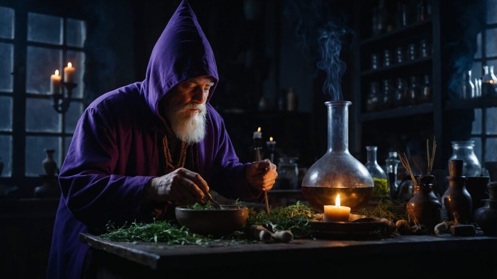 Leonardo_Kino_XL_A_wizard_in_a_pointed_purple_hood_is_stirring_1